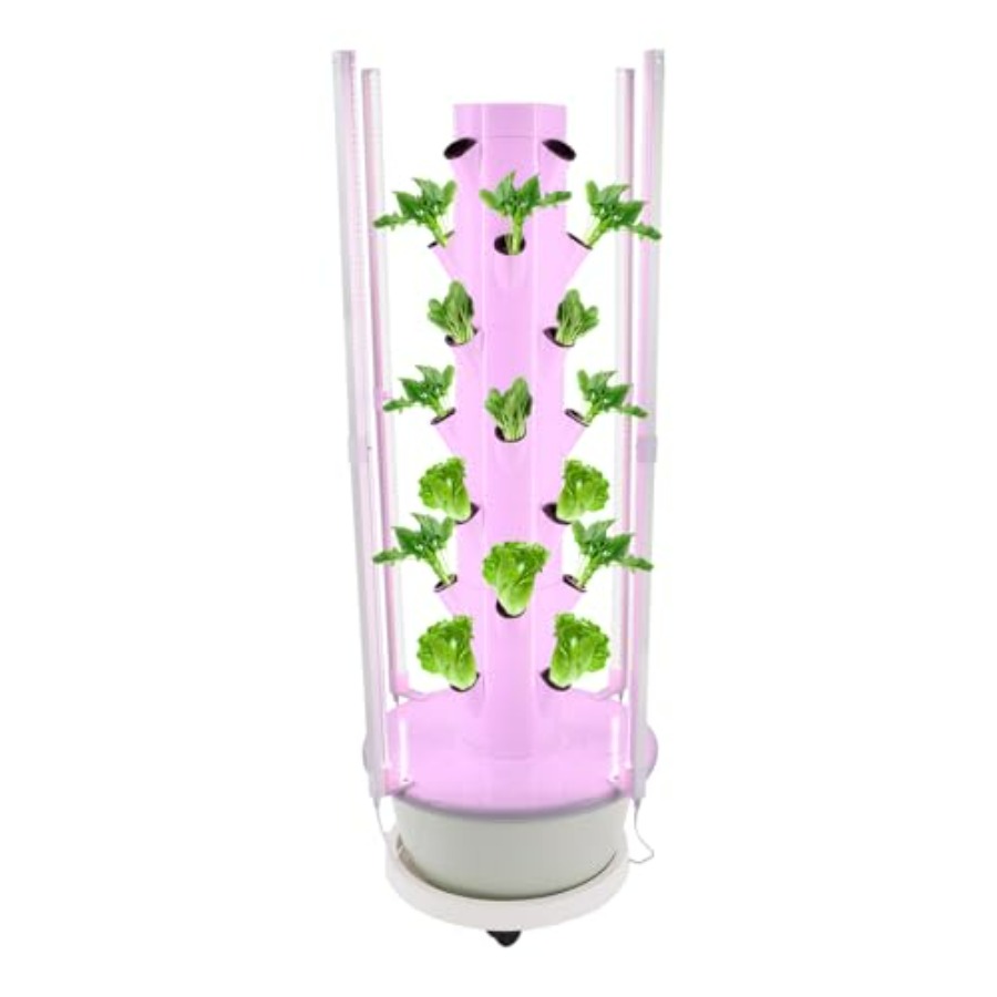 Hydroponic Tower - หอปลูกพืชแบบไฮโดรโปนิกส์สำหรับสวนในร่ม/กลางแจ้งและโรงเรียน: ระบบปลูกแนวตั้ง 7 ชั้น สีขาว พร้อมไฟปลูก